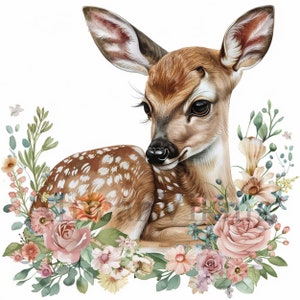 Florales Rehkitz Clipart | 10 hochwertige JPGs | Sofortiger digitaler Download | Kinderzimmer-Kunst | Collagenbilder | Aquarell | Kartenherstellung | Journaling