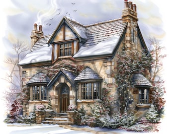 Winter Stone Cottage Watercolor Clipart (Digital Download)