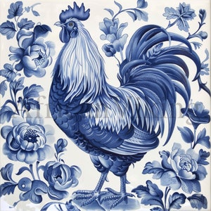 Blue Delft Rooster Clipart / 10 JPGs de alta calidad / Descarga digital / Ilustración vintage / Fabricación de tarjetas / Gallo Clipart / Azulejo holandés