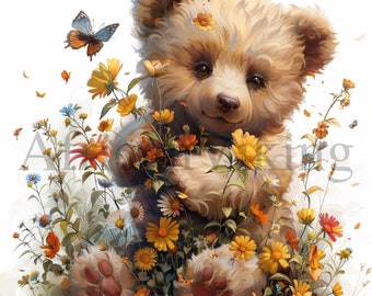 May include: A plush brown teddy bear with a sweet expression sits surrounded by a bouquet of yellow, orange, and white flowers. The bear is holding a few flowers in its paws.  A blue butterfly is flying above the bear.