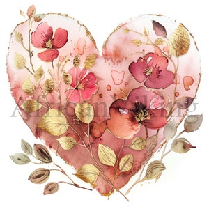 Clipart de corações de ouro rosa | 10 JPGs de alta qualidade | Download digital | Clipart de coração floral | Clipart Digital | Clipart aquarela | Clipart