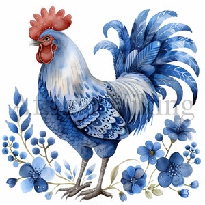 Imágenes prediseñadas de gallo azul de Delft / 10 JPG de alta calidad / Descarga digital / Azulejo holandés / Ilustración vintage / Fabricación de tarjetas / Imágenes prediseñadas de gallo