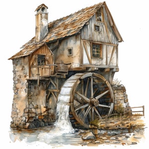 Clipart mulino ad acqua ad acquerello / 10 JPG di alta qualità / Download digitale / Media misti / Arte dell'acquerello / Mestiere con la carta digitale / Creazione di carte