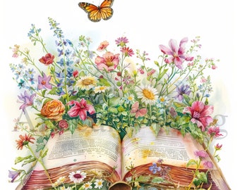 Floral Books Clipart: Watercolor Flower Art (Digital Download)