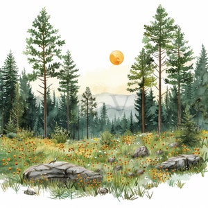 Clipart della foresta estiva, 10 JPG di alta qualità, download digitale istantaneo, arte dell’acquerello, creazione di carte, supporti misti, creazione digitale con la carta