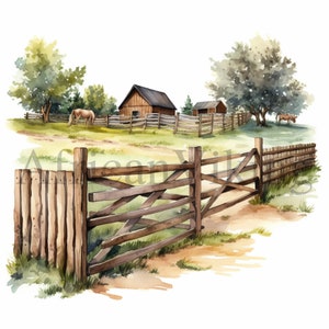Clipart di recinzioni di fattoria, 10 JPG di alta qualità, download digitale, arte dell’acquerello, clip art, creazione di carte, supporti misti, creazione digitale con la carta
