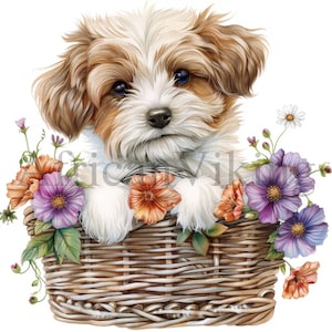 Puppies in Flower Basket Clipart | 10 High Quality JPGs | Digital Download | Card Making | Clip Art | Animal Clipart | Digital Paper Craft