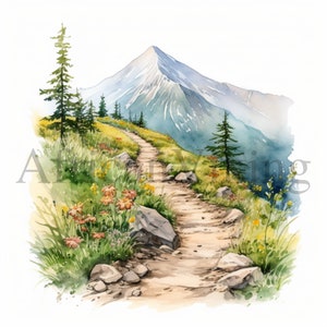 Mountain Trail Clipart / 12 JPG di alta qualità / Download digitale / Creazione di cartoline / Arte dell'acquerello / Supporti misti / Mestiere di carta digitale, Clipart