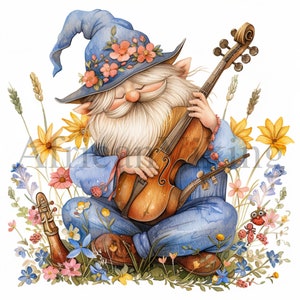 May include: A whimsical gnome wearing a blue hat with floral accents plays a violin while sitting in a field of wildflowers.