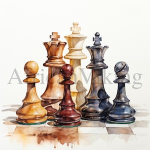 Puede incluir: Una pintura de acuarela de un juego de ajedrez en un tablero de ajedrez. Las piezas incluyen una reina blanca, una reina negra, un peón blanco, un peón negro, un alfil negro y un alfil marrón.