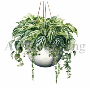 吊り下げ植物のクリップアート：花の鉢植え（デジタルダウンロード）