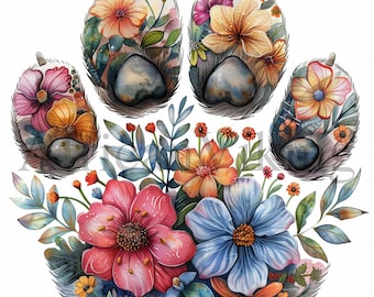 Floral Paw Prints Clipart | 10 High Quality JPGs | Digital Download | Spring Florals | Watercolor | Journaling | Card Making | Scrapbooking