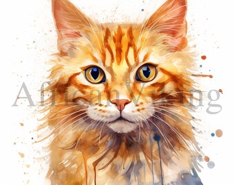 Ginger Cat Watercolor Clipart | 5000x5000 JPGs (Digital Download)