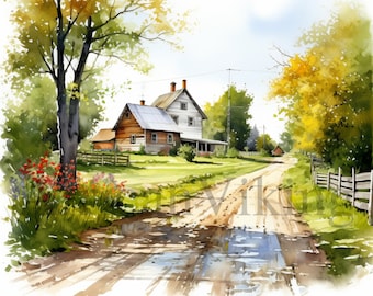 Watercolor Farmhouse Clipart | Country Road JPGs (Digital Download)