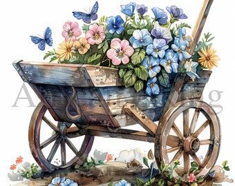 Blumen Schubkarre Clipart | Aquarell Blumen, Kinderzimmer Bild (Digitaler Download)