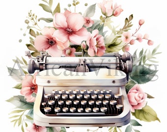 Floral Typewriter Clipart: Vintage Style JPGs (Digital Download)