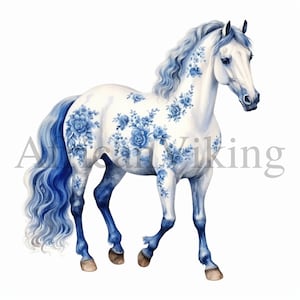 Imágenes prediseñadas de caballo azul de Delft / 10 JPG de alta calidad / Descarga digital / Artesanía de papel digital / Azulejo holandés / Ilustración vintage / Imágenes prediseñadas de caballo