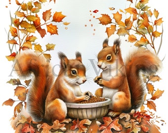 Watercolor Squirrels Clipart | Fall Nursery Art (Digital Download)