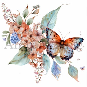 Flowers Butterfly Clipart | 10 High Quality JPGs | Digital download | Nursery Art | Card Making | Digital Paper Craft, Butterfly Watercolour