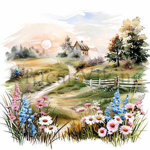 Watercolor Wildflowers Clipart | 10 High Quality JPGs | Digital Download | Landscape Scenes | Digital Paper | Clipart | Printable Landscapes