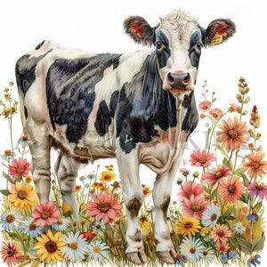 Cow and Flowers Clipart | 10 High Quality JPGs | Instant Digital download | Card Making | Cute Cow | Paper Craft | Watercolour Painting