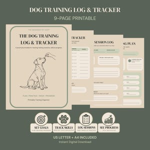Puede incluir: Un registro y rastreador de entrenamiento canino imprimible de 9 páginas en beige y verde salvia. La portada presenta un dibujo lineal de un perro y el texto THE DOG TRAINING LOG & TRACKER. Incluye secciones para sesiones y seguimiento.