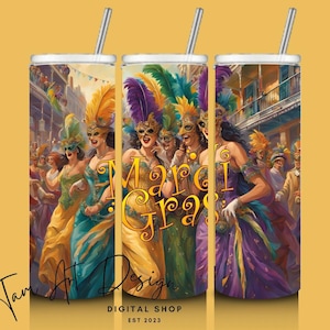 Mardi Gras Parade Tumbler Wrap 20oz | Download digital | Design de sublimação de carnaval festivo | Festa de máscaras PNG