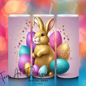 Golden Easter Bunny Tumbler Wrap | 20 oz Sublimation PNG | Glitter Egg Digital Design | Instant Download