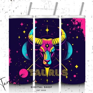 Neon Taurus Tumbler Wrap 20oz | Levendig zodiac-sublimatieontwerp - png