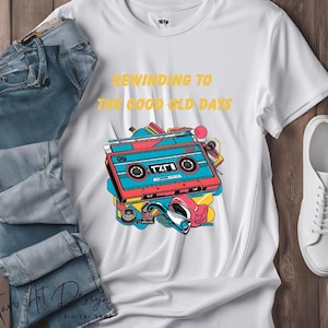 Retro Cassette Tape T-Shirt Design | 90s Nostalgia Digital Download | Vintage Music Graphic for T-Shirts, Aprons, Tote Bags & More