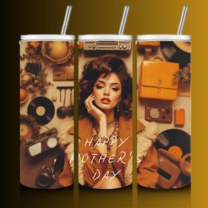 Gobelet rétro heureuse fête des mères, sublimation PNG 20 oz, femme esthétique vintage, Style bohème des années 70, téléchargement immédiat, emballage de verre et sublimation