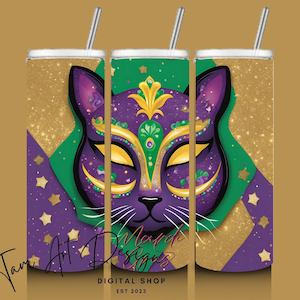 Máscara de gato Mardi Gras Tumbler Wrap 20oz | Download digital | Design de sublimação para copos finos | Arte de carnaval roxo verde dourado