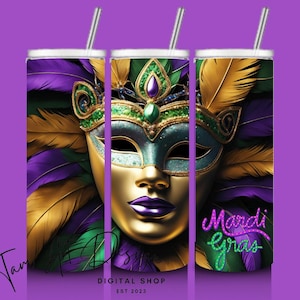 Máscara de Mardi Gras 20 oz Tumbler Sublimação PNG | Design de Máscara de Ouro e Glitter | Download Digital de Festa de Carnaval