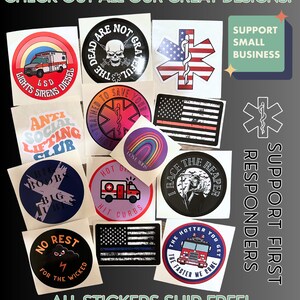 Puede incluir: Una colecci&oacute;n de pegatinas variadas con dise&ntilde;os diversos. Algunas pegatinas presentan texto como "Lights Sirens Diesel", "Anti Social Lifting Club" y "No Rest for the Wicked". Otras muestran im&aacute;genes de una ambulancia, una calavera, un arco&iacute;ris y la bandera estadounidense. Tambi&eacute;n se ve el texto "Support Small Business".