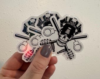 Pegatina de policía esqueleto, aplicación de la ley, pegatina humorística policial, regalo de policía, calavera con esposas y porra, línea azul fina