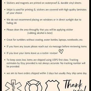 May include: A beige card with black text titled "STICKER FAQS" and bullet points detailing sticker materials, care, and shipping information. Includes emergency service-themed graphics and a "Thank you!" message.