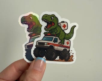 モンスタートラック救急車に乗るT-Rexの面白いステッカー、EMS救急救命士の恐竜ステッカー