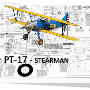 May include: A model biplane with yellow wings and a blue fuselage, marked "520", rests on top of blueprints. The PT-17 Stearman model has a detailed propeller and landing gear. The blueprints contain diagrams and text.