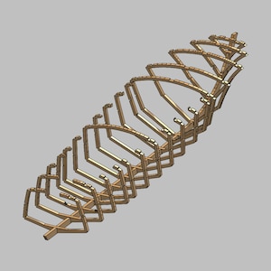 May include: A wooden boat frame model with multiple curved ribs and a central keel. The frame is made of light brown wood and is assembled in a way that resembles a boat hull.