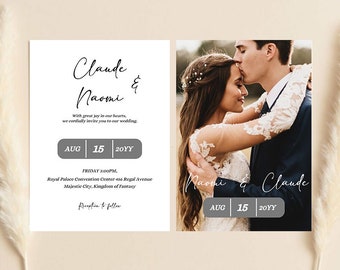 May include: Wedding invitation featuring a couple and event details. The invitation includes the names "Claude & Naomi", date "AUG 15 20YY", and venue information. The design is elegant with a photo of the couple.