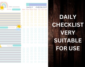 May include: A printable daily checklist featuring a rainbow, sun, and moon design. The checklist is divided into sections for morning, afternoon, and evening, with boxes for each day of the week.