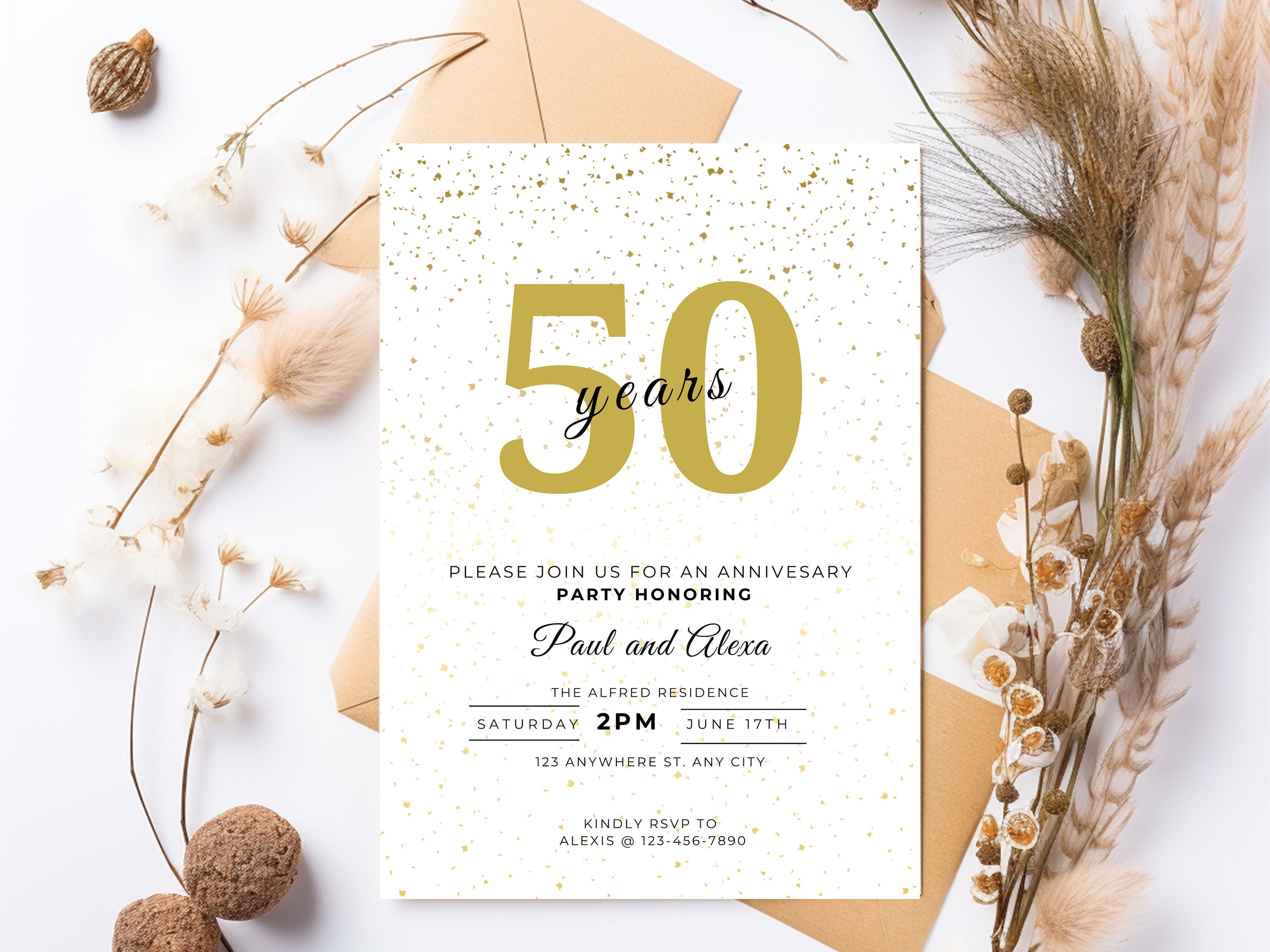 50th Wedding Anniversary Invitation Template Golden Glitters Party