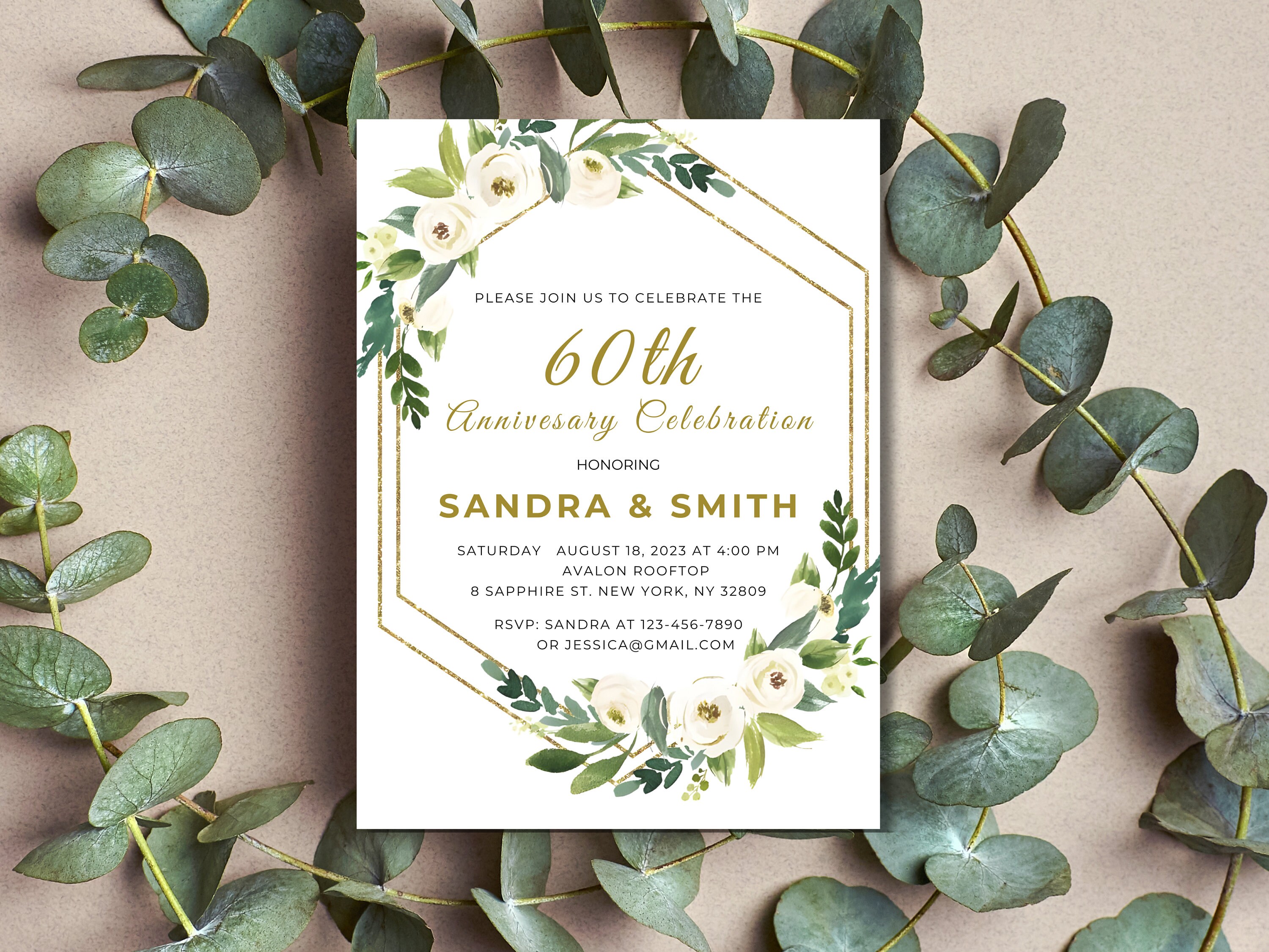 Golden 60th Wedding Anniversary Invitation Floral Template