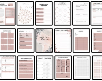 Op de afbeelding: Een set van 12 afdrukbare digitale plannerpagina's in een lichtroze en bruine kleurstelling. De pagina's bevatten een moodtracker, zelfreflectievragen, doelstellingen, dagelijkse reflectie, een agenda, doktersnotities, een gezondheidszorgplanner, Cornell-notities, medische geschiedenis, een medische contactenlijst, een zelfzorgchecklist, een analyse van angst, een gewoontetracker, een angstdagboek, een slaaptracker en een maandelijkse watertracker.