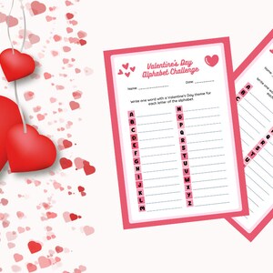 Valentines Day Alphabet Printable Challenge Game Worksheet, Valentines Day Alphabet Game, Holiday Party Activities, Valentine&#39;s Day Game