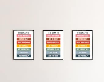 Está bien no estar bien, Afirmaciones positivas para niños, Arte en el aula, Cartel motivacional, Decoración positiva en el aula, Sala de juegos, Impresión en casa
