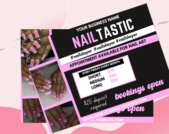 Redigerbar bokningsflyer för nageltekniker, flygblad för akrylnaglar, bokningsflyer för februari, nagelflyer för alla hjärtans dag, nagelbokningsflyer, nagelflyer för Presson