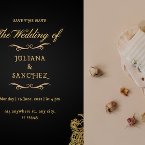 Conjunto de invitaciones de boda en negro y dorado, plantilla de invitación de boda moderna en negro, conjunto de invitaciones imprimibles, boda oscura, descarga instantánea