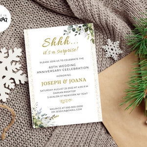Modèle d’invitation du 60e anniversaire de mariage-Invitation à la fête du 60e anniversaire, Décor d’anniversaire, Invitation au renouvellement des vœux, Téléchargement modifiable