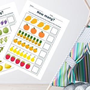 5 fruittelpagina's voor kinderen, kleuters peuters leren werkbladen, eenvoudige wiskunde, montessori thuisonderwijs afdrukbaar, teloefeningen